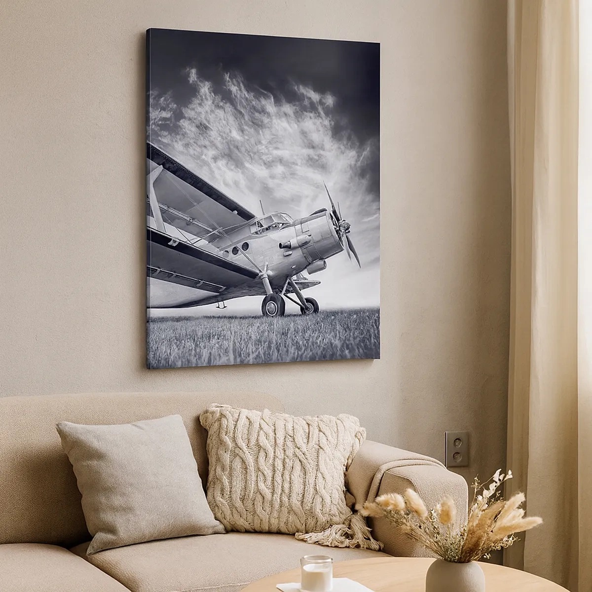 Quadro su tela - Stampe su Tela - Un aereo contro un cielo drammatico in bianco e nero - 50x70cm - Giramondo alato  - Decorazione murale moderna per soggiorno e camera da letto ARTTOR