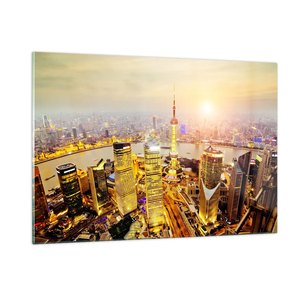 Quadro su vetro - Panorama della città al tramonto con grattacieli - 120x80cm - Sogno asiatico - Decorazione murale moderna per soggiorno e camera da letto ARTTOR