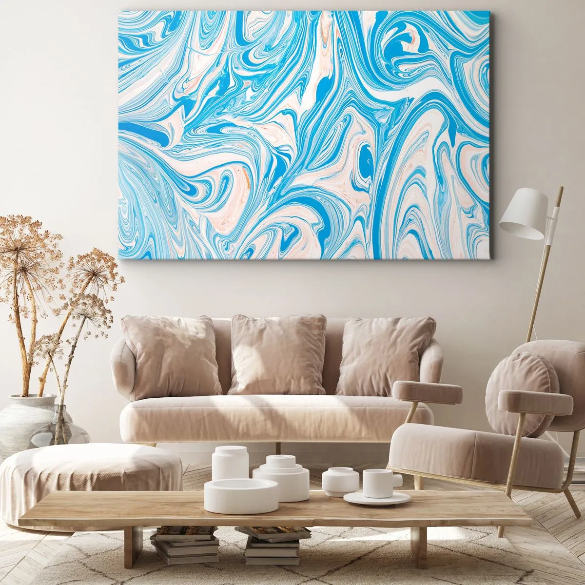 Quadro su tela - Stampe su Tela - Vortici astratti in stile marmo blu e bianco - 70x50cm - Acquitrino in turchese - Decorazione murale moderna per soggiorno e camera da letto ARTTOR