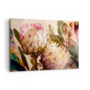 Quadro su tela - Stampe su Tela - Fiori di protea colorati su uno sfondo delicato - 120x80cm - Tenero abbraccio - Decorazione murale moderna per soggiorno e camera da letto ARTTOR