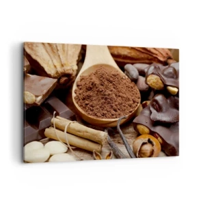 Quadro su tela - Stampe su Tela - Un cucchiaio di cacao e ingredienti al cioccolato in una disposizione rustica - 120x80cm - Ideale per i momenti di tristezza - Decorazione murale moderna per soggiorno e camera da letto ARTTOR