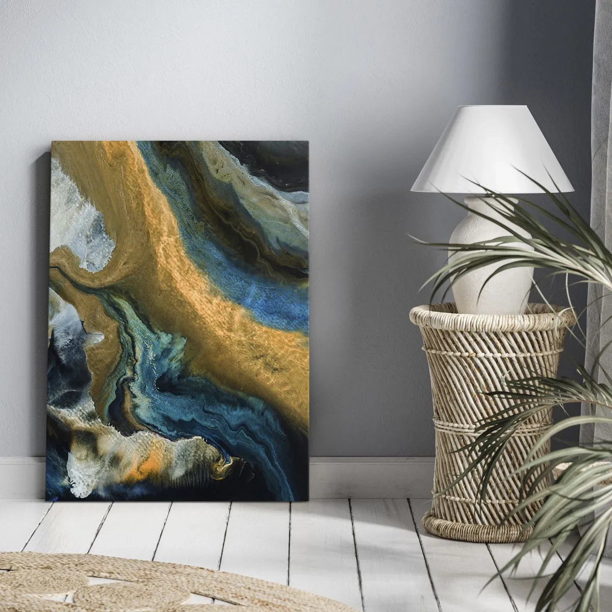 Quadro su tela - Stampe su Tela - Onde astratte nei toni dell'oro e del blu - 50x70cm - Blu-oro: influenza reciproca - Decorazione murale moderna per soggiorno e camera da letto ARTTOR