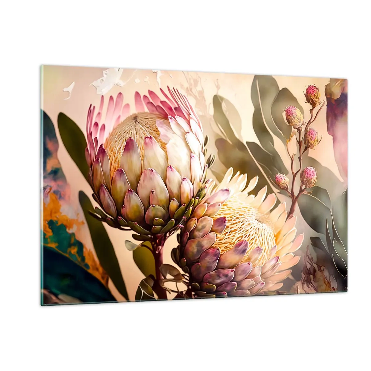 Quadro su vetro - Fiori di protea in toni caldi e luce soffusa - 120x80cm - Tenero abbraccio - Decorazione murale moderna per soggiorno e camera da letto ARTTOR