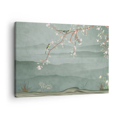 Quadro su tela - Stampe su Tela - Un'immagine pittoresca di un ramo di albero fiorito con uccelli sullo sfondo di verdi colline. - 70x50cm - Eccoti primavera - Decorazione murale moderna per soggiorno e camera da letto ARTTOR
