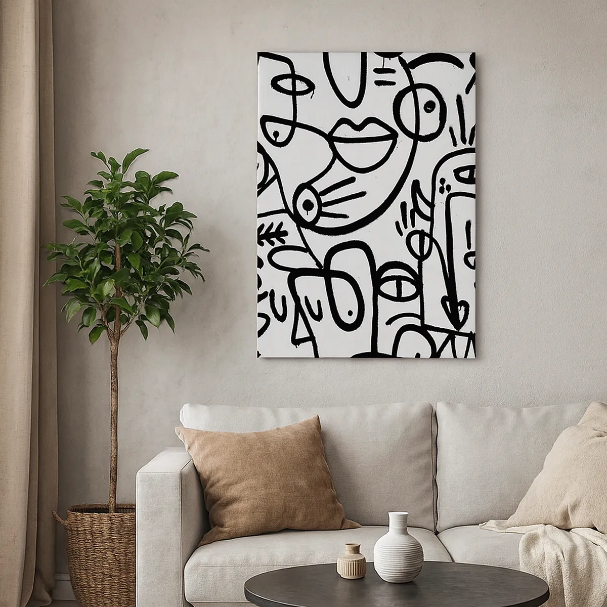 Quadro su tela - Stampe su Tela - Disegni astratti in bianco e nero con motivi facciali - 50x70cm - Volti e miraggi - Decorazione murale moderna per soggiorno e camera da letto ARTTOR