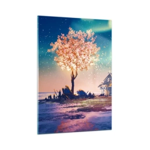Quadro su vetro - Un paesaggio magico con un albero in fiore e un cottage - 50x70cm - La natura non passa - Decorazione murale moderna per soggiorno e camera da letto ARTTOR