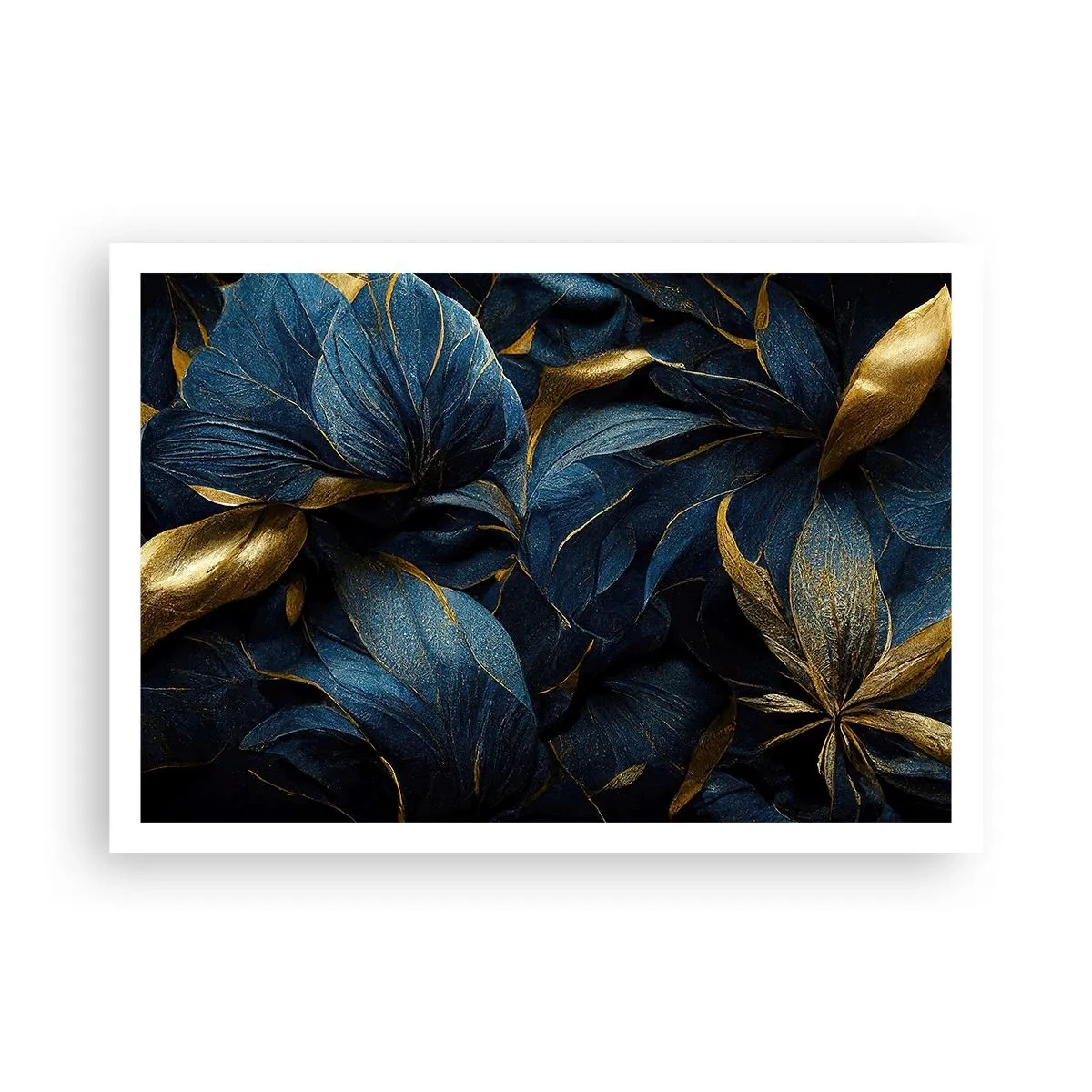 Poster - Eleganti foglie nei toni dell'oro e del blu navy - 100x70cm - Foderati d'oro - Decorazione murale moderna per soggiorno e camera da letto ARTTOR