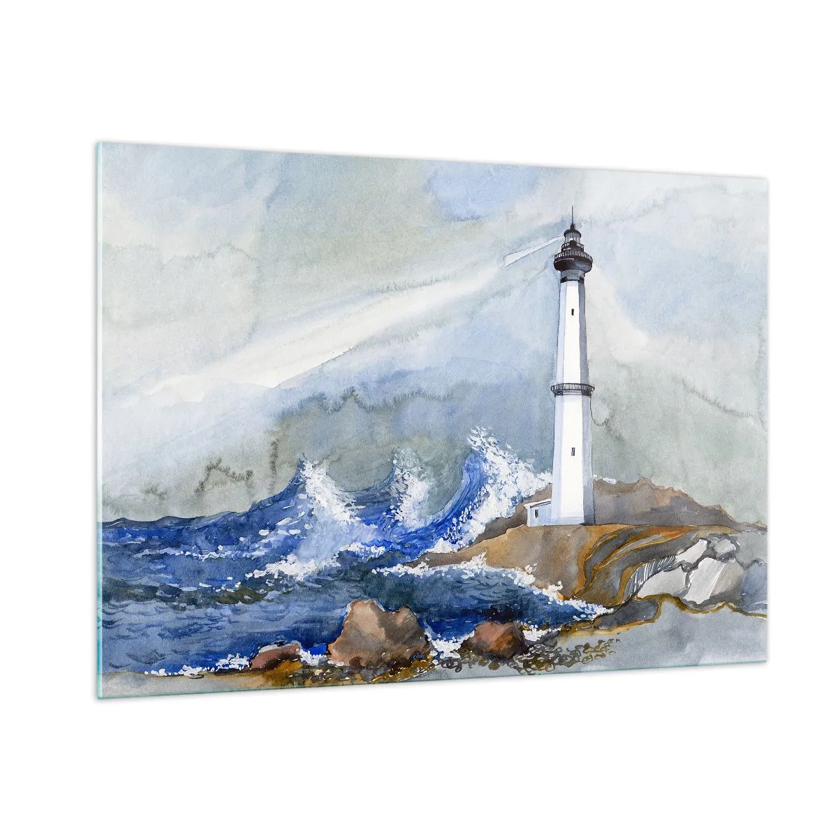 Quadro su vetro - Un faro in riva al mare in tempesta in stile acquerello - 100x70cm - Contro il buio e le burrasche - Decorazione murale moderna per soggiorno e camera da letto ARTTOR