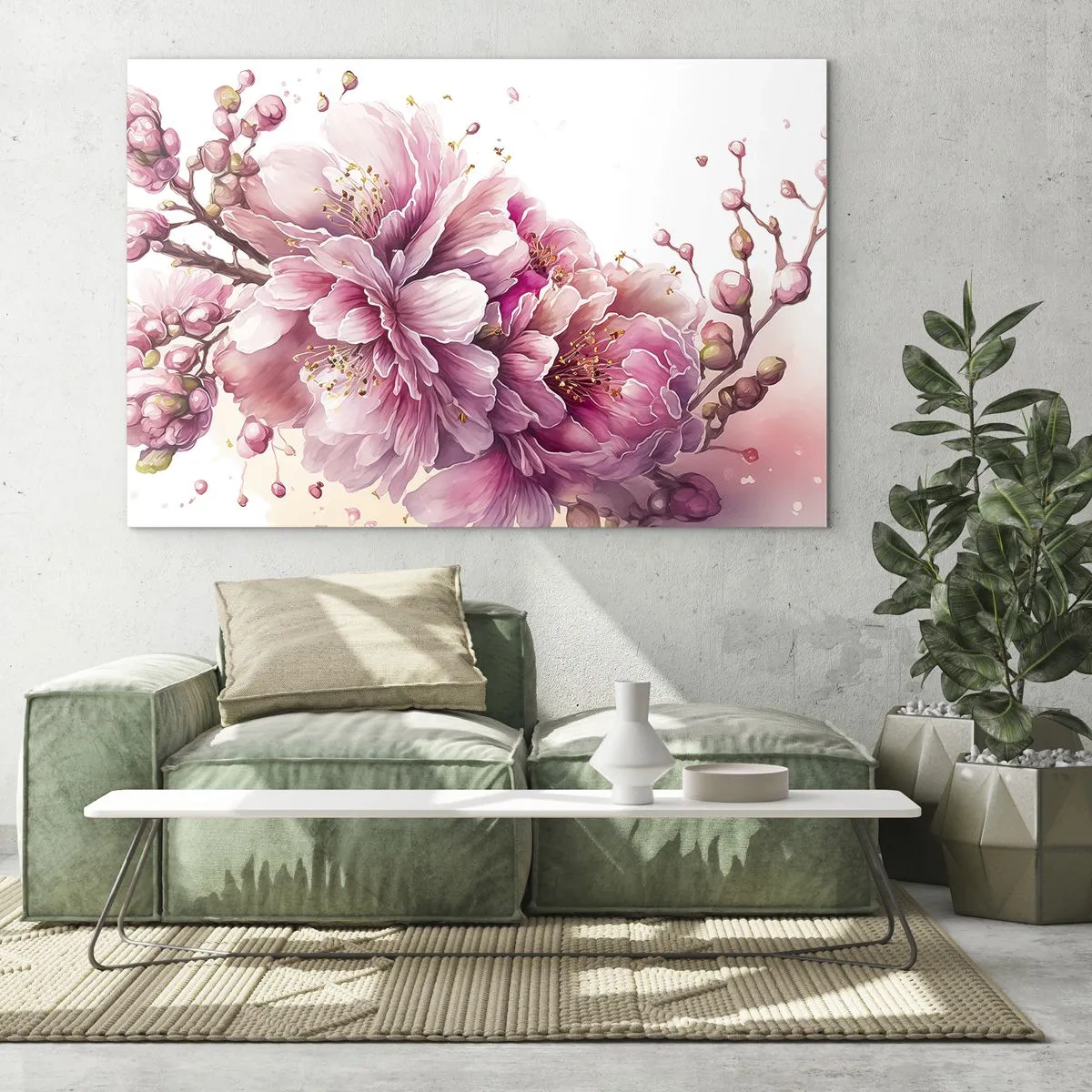 Quadro su vetro - Fiori di ciliegio rosa in piena fioritura su uno sfondo chiaro - 70x50cm - Fiore di ciliegio - Decorazione murale moderna per soggiorno e camera da letto ARTTOR