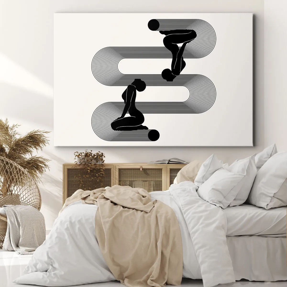 Quadro su tela - Stampe su Tela - Sagome nere con linee geometriche su sfondo chiaro - 100x70cm - Simmetria sensuale - Decorazione murale moderna per soggiorno e camera da letto ARTTOR