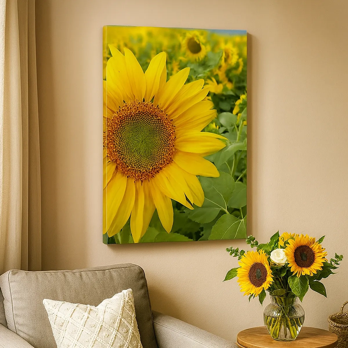 Quadro su tela - Stampe su Tela - Un campo di girasoli con fiori gialli su uno sfondo di foglie verdi - 50x70cm - Centinaia di soli ardono - Decorazione murale moderna per soggiorno e camera da letto ARTTOR