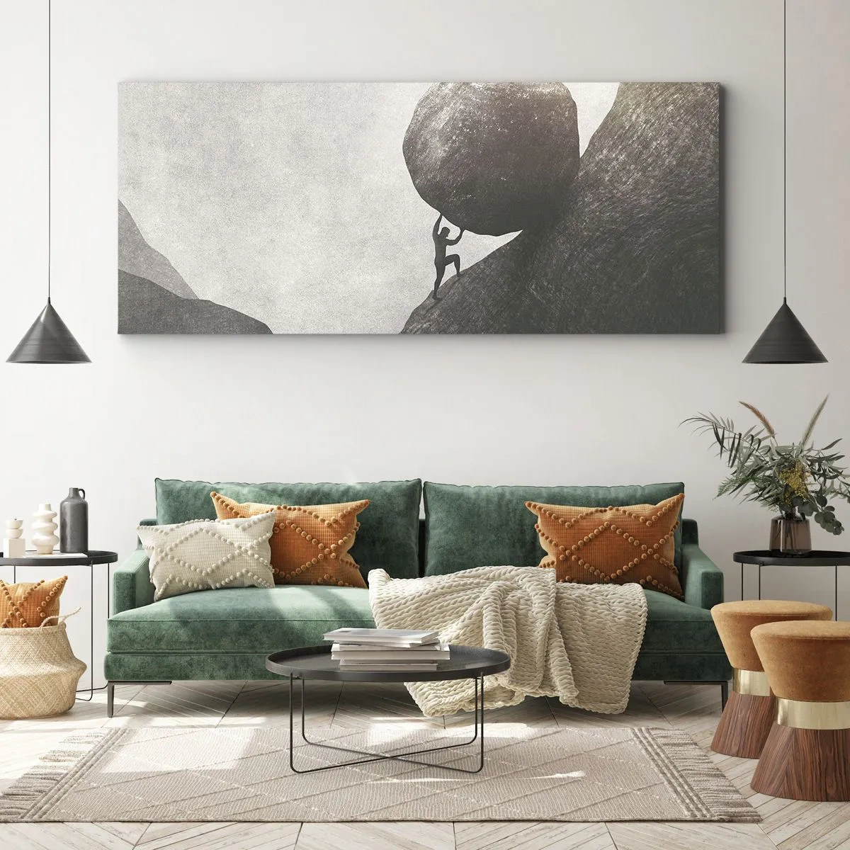 Quadro su tela - Stampe su Tela - Un uomo che scala un enorme masso su una collina - 140x50cm - Credo contro ogni speranza - Decorazione murale moderna per soggiorno e camera da letto ARTTOR