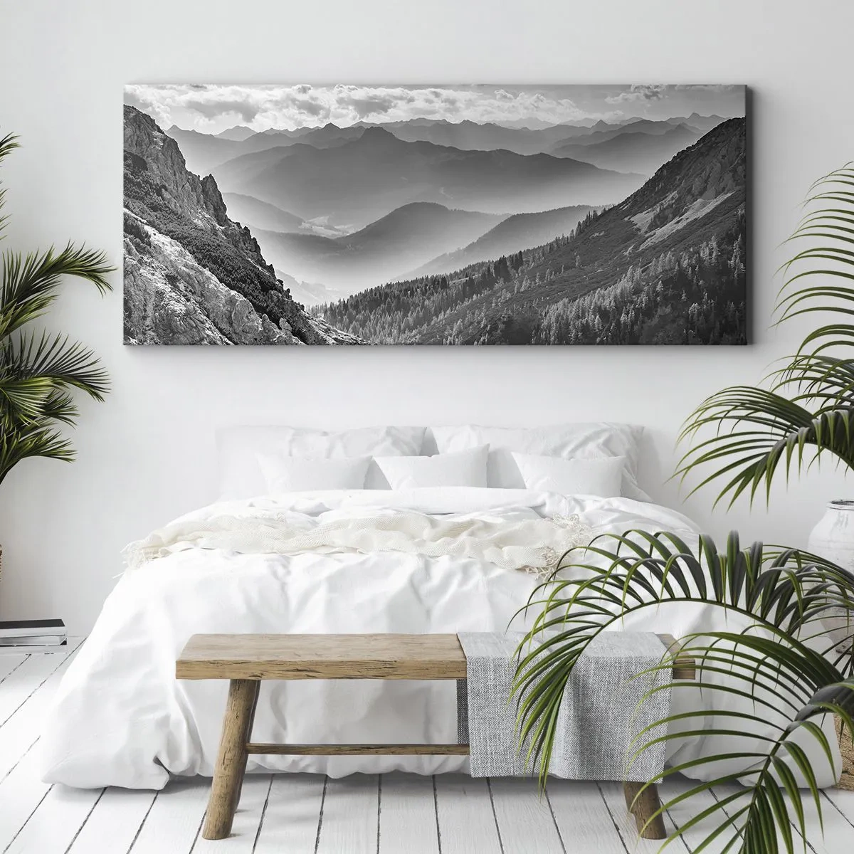 Quadro su tela - Stampe su Tela - Paesaggio montano in bianco e nero con nuvole sulle cime - 140x50cm - Fino all'orizzonte - Decorazione murale moderna per soggiorno e camera da letto ARTTOR