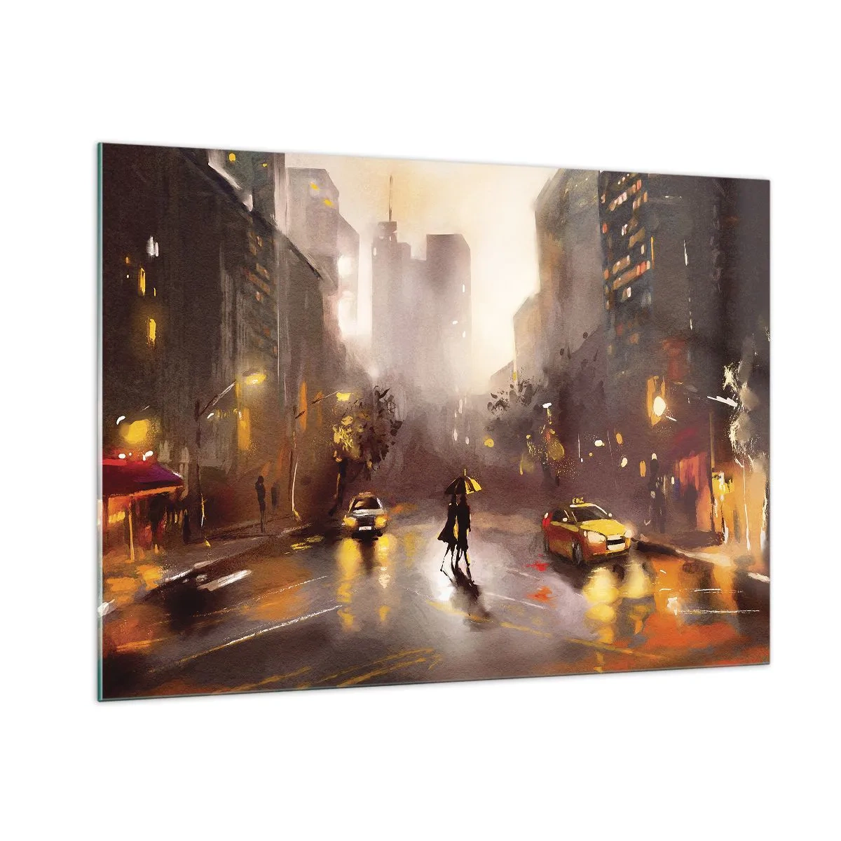 Quadro su vetro - Città di notte sotto la pioggia con taxi e la sagoma di una coppia - 100x70cm - Nelle luci di New York - Decorazione murale moderna per soggiorno e camera da letto ARTTOR