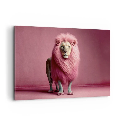 Quadro su tela - Stampe su Tela - Un leone artisticamente raffigurato con una criniera rosa su uno sfondo rosa - 100x70cm - E non mette più paura - Decorazione murale moderna per soggiorno e camera da letto ARTTOR