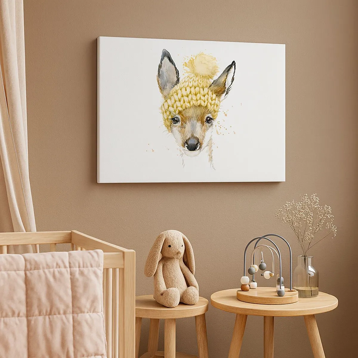 Quadro su tela - Stampe su Tela - Cervo acquerello con berretto giallo - 70x50cm - L'inverno nel bosco innevato - Decorazione murale moderna per soggiorno e camera da letto ARTTOR