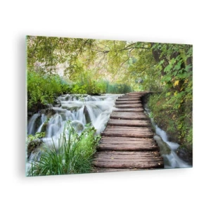 Quadro su vetro - Un ponte nella foresta sopra un ruscello - 70x50cm - Acqua per niente tranquilla - Decorazione murale moderna per soggiorno e camera da letto ARTTOR