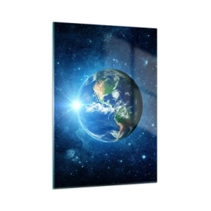 Quadro su vetro - La Terra vista dallo spazio con raggi di luce - 50x70cm - Siamo in cielo - Decorazione murale moderna per soggiorno e camera da letto ARTTOR