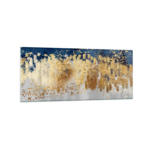 Quadro su vetro - Una composizione astratta nei toni dell'oro e del blu navy. - 120x50cm - Composizione moderna con bagliore - Decorazione murale moderna per soggiorno e camera da letto ARTTOR