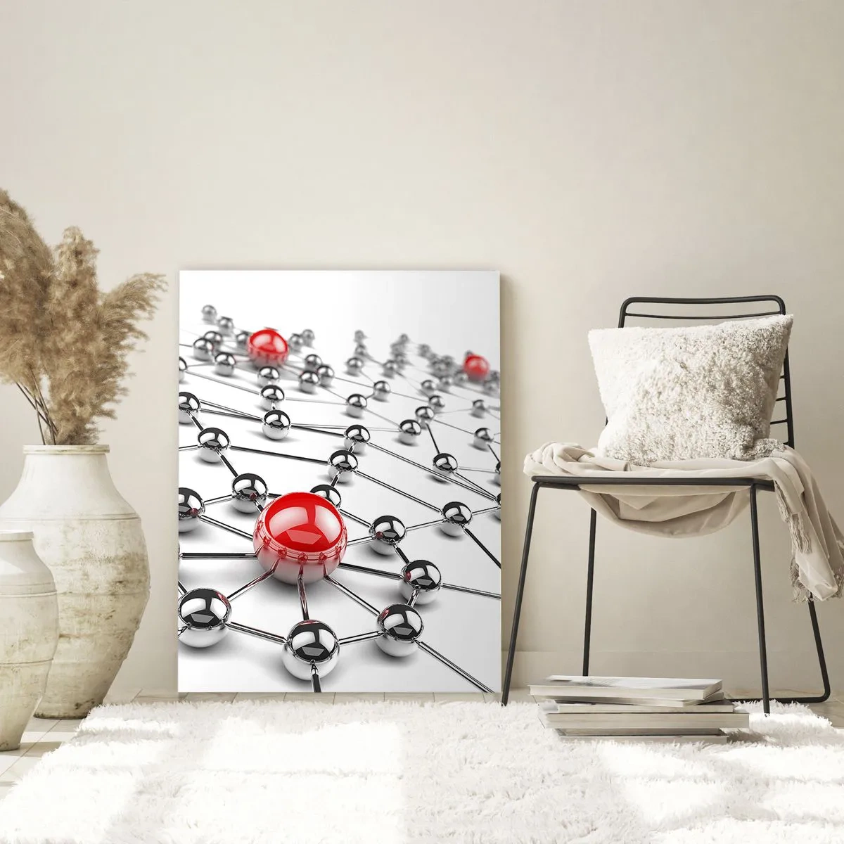 Quadro su vetro - Una rete di palline metalliche con accenti rossi - 80x120cm - Rete argentea - Decorazione murale moderna per soggiorno e camera da letto ARTTOR