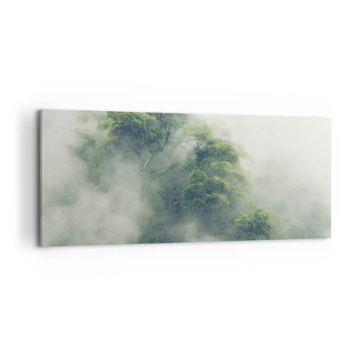 Quadro su tela - Stampe su Tela - Alberi verdi nella fitta nebbia contro uno sfondo naturale - 120x50cm - Avvolti dalla nebbia - Decorazione murale moderna per soggiorno e camera da letto ARTTOR