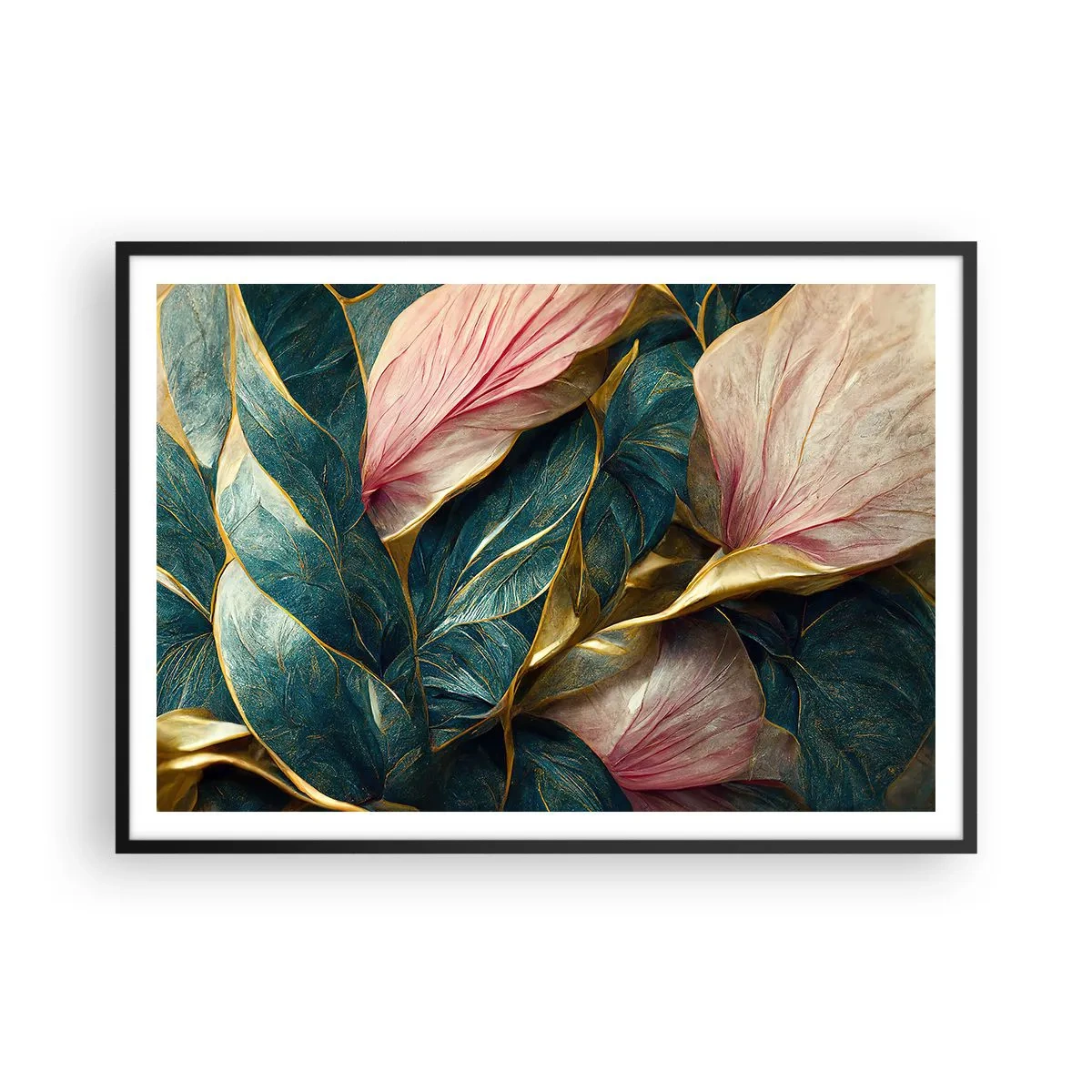 Poster in cornice nera - Eleganti foglie in verde, oro e rosa - 100x70cm - Stile ed eleganza naturali - Decorazione murale moderna per soggiorno e camera da letto ARTTOR