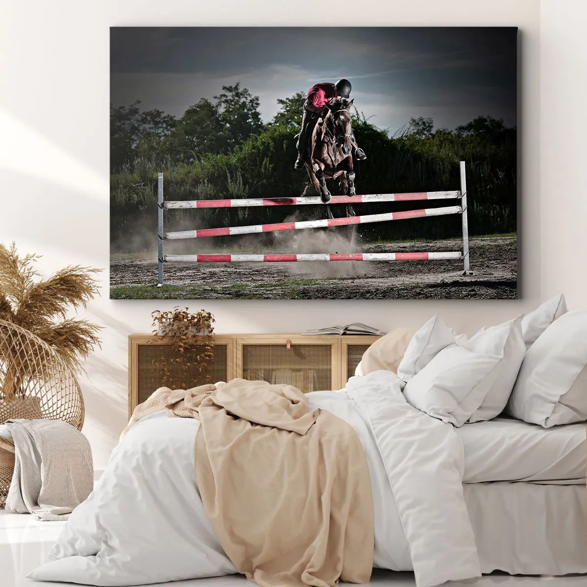 Quadro su tela - Stampe su Tela - Un cavaliere su un cavallo che salta un ostacolo su una pista da corsa - 120x80cm - Insieme fino alla vittoria - Decorazione murale moderna per soggiorno e camera da letto ARTTOR