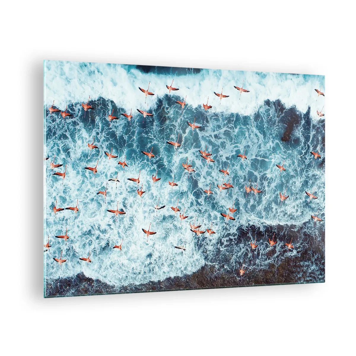 Quadro su vetro - Fenicotteri rosa sopra le onde agitate dell'oceano - 70x50cm - Parata sotto il mare - Decorazione murale moderna per soggiorno e camera da letto ARTTOR
