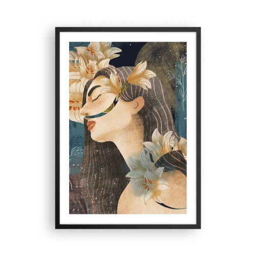 Poster in cornice nera - Profilo di una donna circondata da gigli su uno sfondo blu navy - 50x70cm - La favola della principessa con i gigli - Decorazione murale moderna per soggiorno e camera da letto ARTTOR