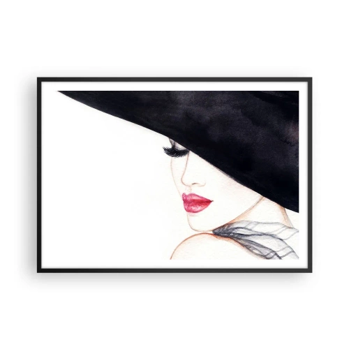 Poster in cornice nera - Un'illustrazione sottile di una donna con un cappello nero e labbra rosse - 100x70cm - Eleganza e sensualità - Decorazione murale moderna per soggiorno e camera da letto ARTTOR