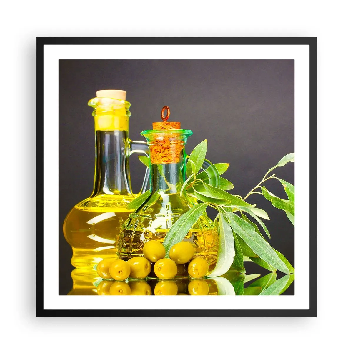Poster in cornice nera - Natura morta con olive e olio - 60x60 cm