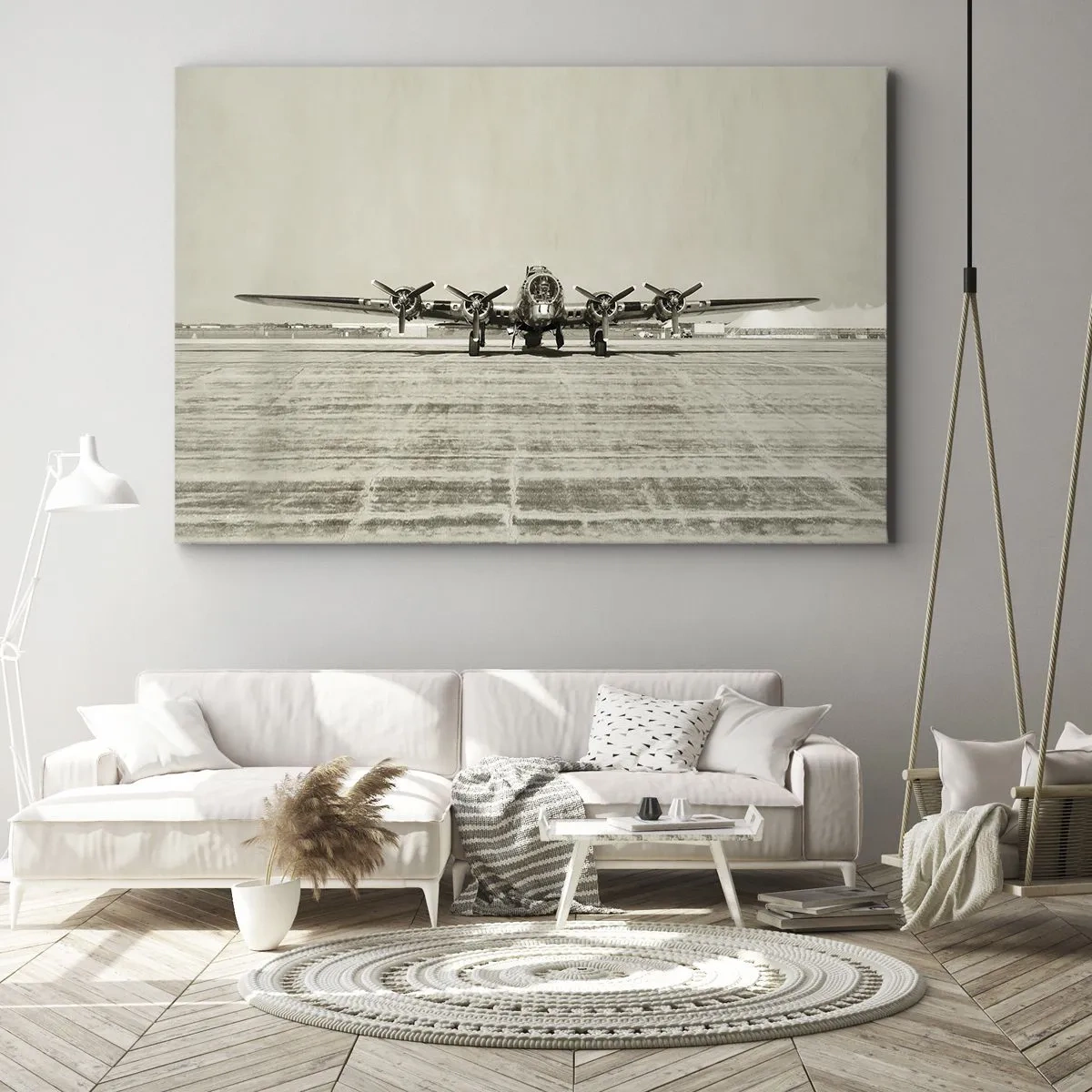 Quadro su tela - Stampe su Tela - Aereo storico all'aeroporto in seppia - 120x80cm - Pronto come sempre - Decorazione murale moderna per soggiorno e camera da letto ARTTOR