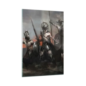 Quadro su vetro - Un gruppo di guerrieri in armatura con lance sullo sfondo del tramonto - 80x120cm - Con lo scudo o sullo scudo - Decorazione murale moderna per soggiorno e camera da letto ARTTOR