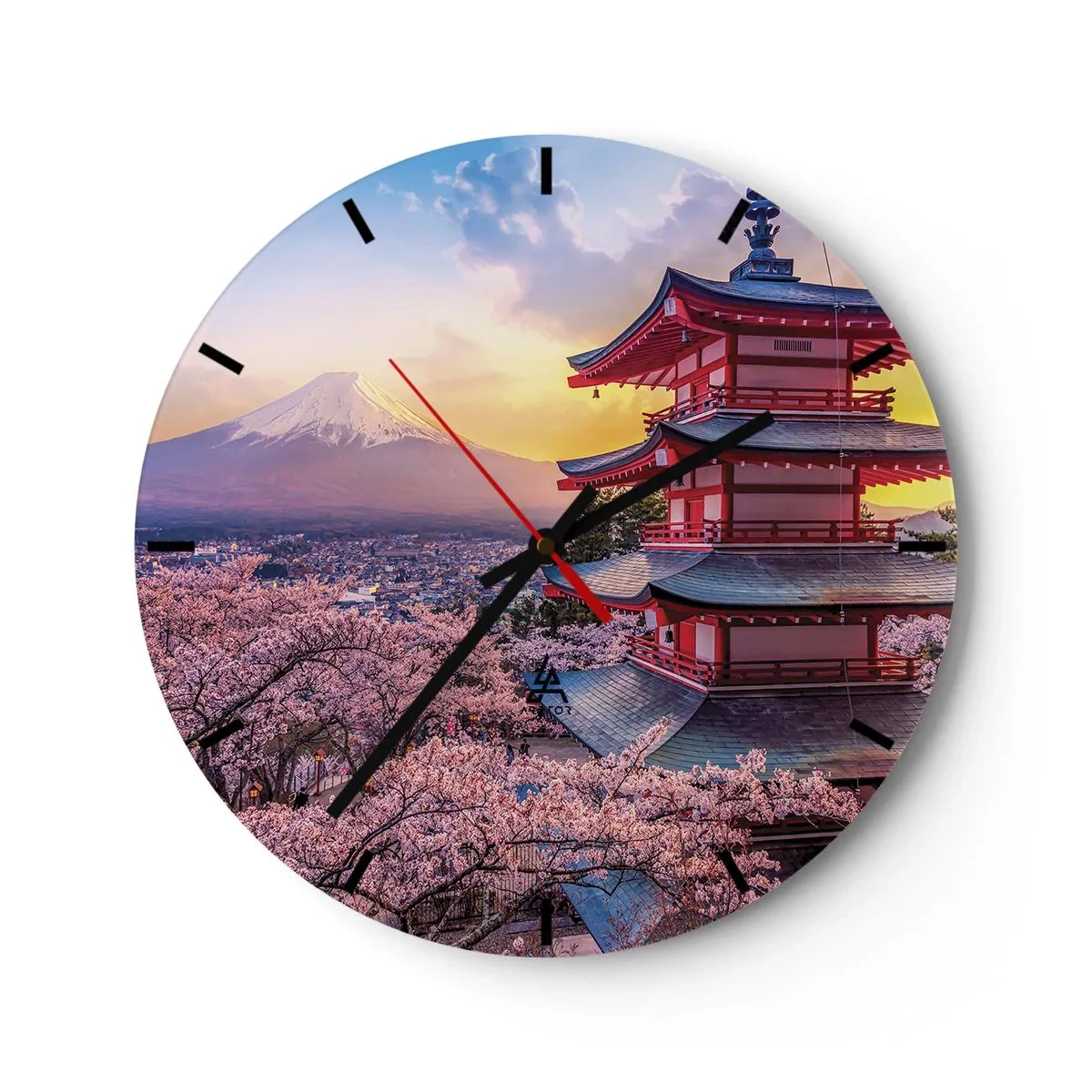 Orologio da parete - Orologio in Vetro - Una pagoda tra i fiori di ciliegio con il Monte Fuji sullo sfondo - 30x30cm - L'essenza dell'anima giapponese - Decorazione murale moderna per soggiorno, cucina e camera da letto ARTTOR