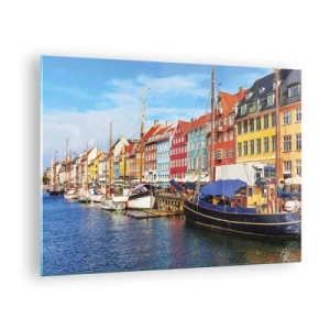 Quadro su vetro - Colorate case sui canali di Copenaghen - 70x50cm - Riva gioiosa - Decorazione murale moderna per soggiorno e camera da letto ARTTOR