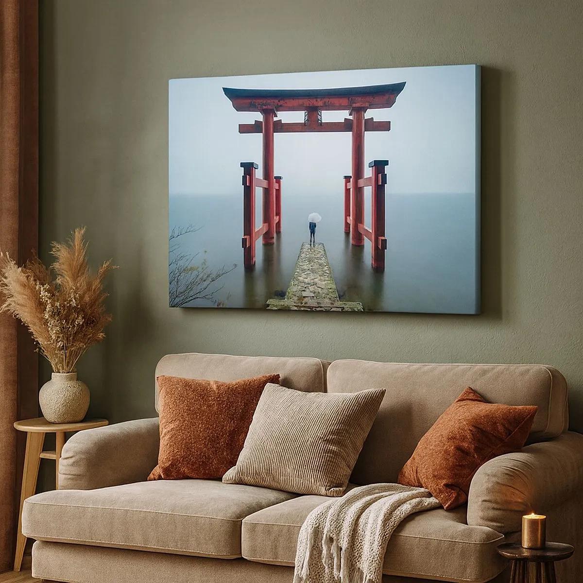 Quadro su tela - Stampe su Tela - Un cancello torii che si affaccia su un tranquillo lago in Giappone - 70x50cm - Meditazione giapponese - Decorazione murale moderna per soggiorno e camera da letto ARTTOR