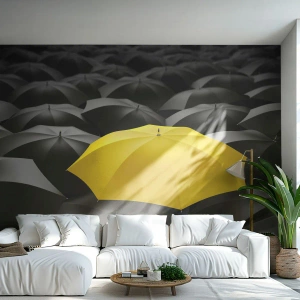 Fotomurali Premium Sand - Un ombrello giallo che si staglia sullo sfondo nero - 100x70cm - Addio tristezza - Decorazione murale moderna per soggiorno e camera da letto ARTTOR