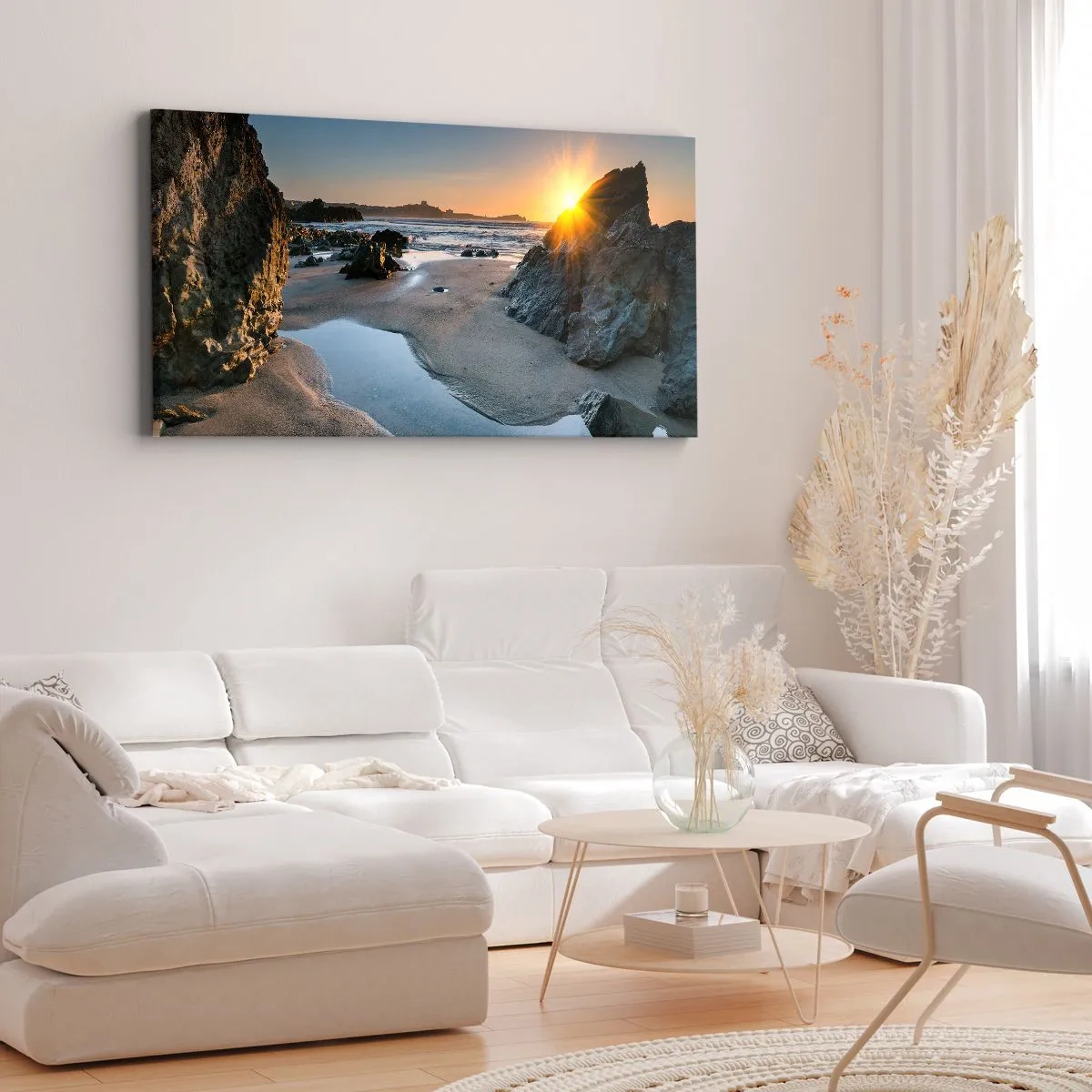 Quadro su tela - Stampe su Tela - Tramonto pittoresco su una spiaggia rocciosa - 140x50cm - Mai toccate da mano umana - Decorazione murale moderna per soggiorno e camera da letto ARTTOR