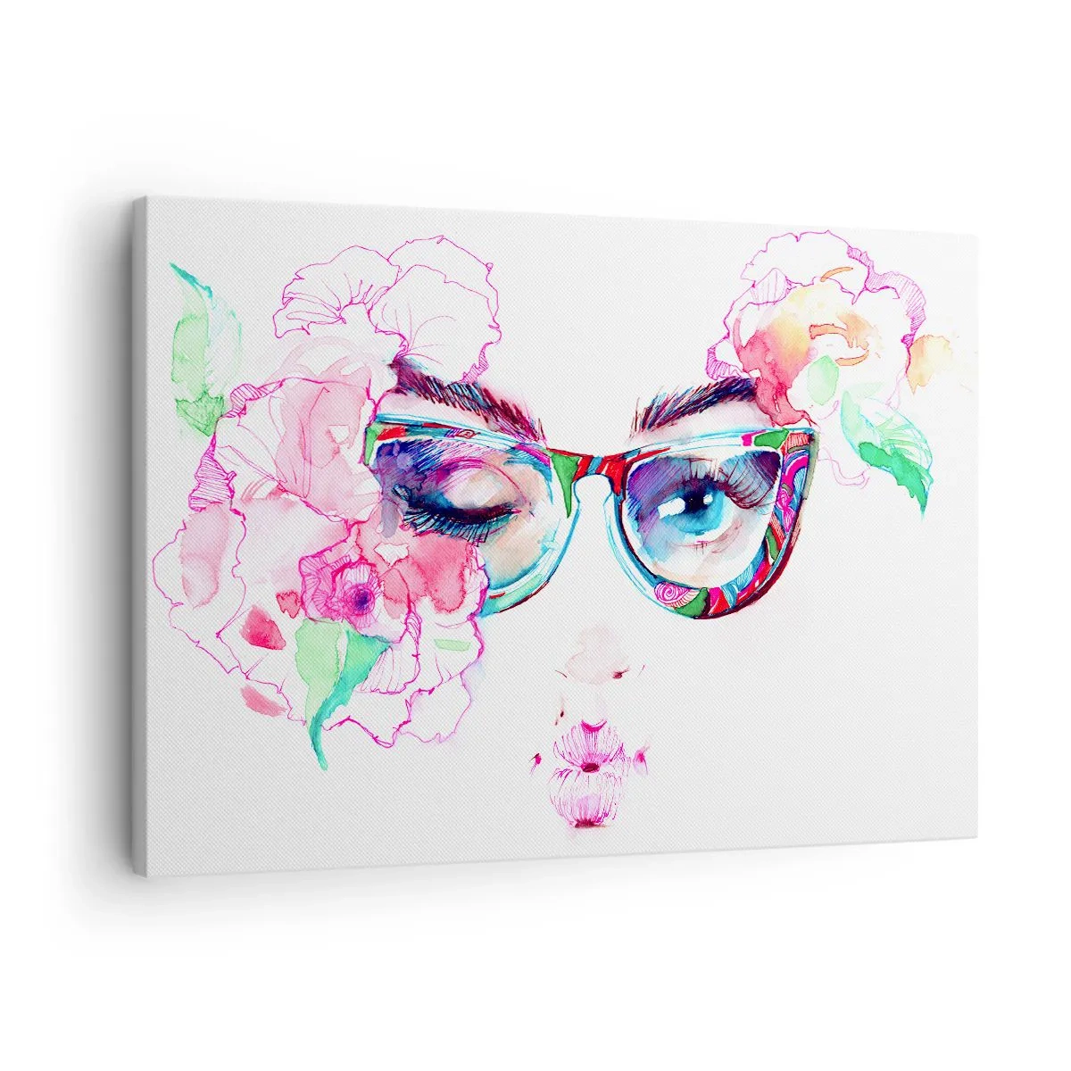 Quadro su tela - Stampe su Tela - Volto acquerello con occhiali colorati e fiori - 70x50cm - Promessa allettante - Decorazione murale moderna per soggiorno e camera da letto ARTTOR