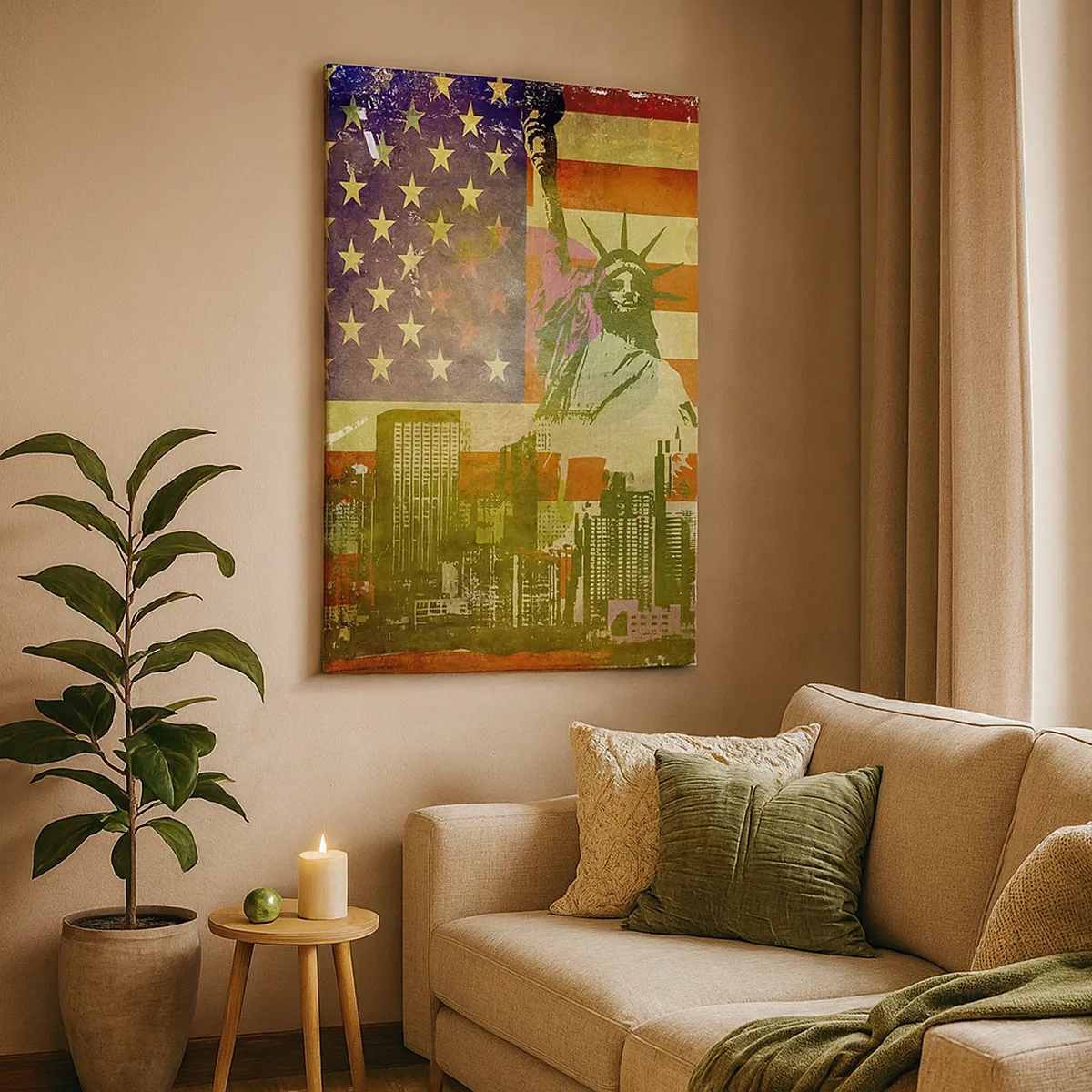 Quadro su tela - Stampe su Tela - La Statua della Libertà sullo sfondo della bandiera americana e dello skyline della città - 50x70cm - Viva l'America! - Decorazione murale moderna per soggiorno e camera da letto ARTTOR