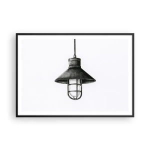 Poster in cornice nera - Disegno di una lampada a sospensione retrò su sfondo bianco - 100x70cm - Come tanti anni fa... - Decorazione murale moderna per soggiorno e camera da letto ARTTOR