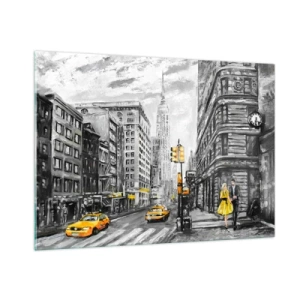 Quadro su vetro - Un'illustrazione della città di New York nei toni del bianco e del nero con accenti gialli. - 100x70cm - Racconto di New York - Decorazione murale moderna per soggiorno e camera da letto ARTTOR