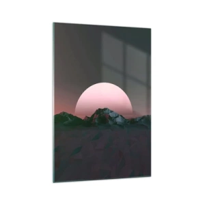 Quadro su vetro - Montagne geometriche con il sole al tramonto sullo sfondo - 70x100cm - Nella galassia accanto - Decorazione murale moderna per soggiorno e camera da letto ARTTOR