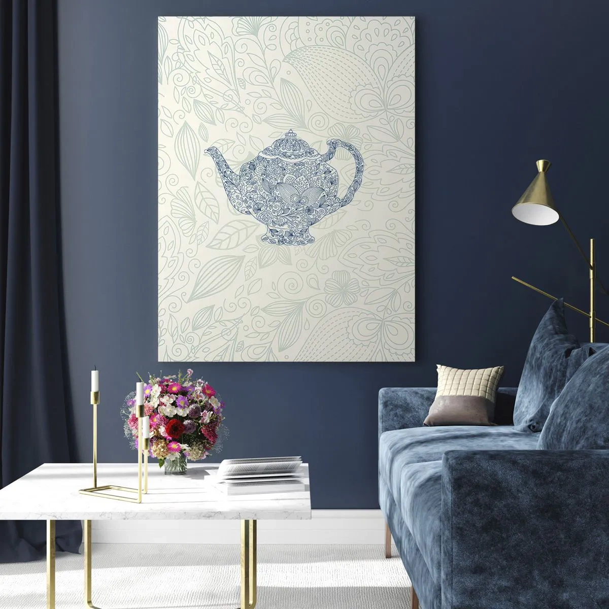Quadro su vetro - Disegno decorativo di una teiera con ornamenti blu - 70x100cm - Magia del tè - Decorazione murale moderna per soggiorno e camera da letto ARTTOR