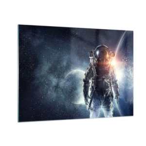 Quadro su vetro - Astronauta sullo sfondo di pianeti e stelle - 70x50cm - Avventura nello spazio - Decorazione murale moderna per soggiorno e camera da letto ARTTOR