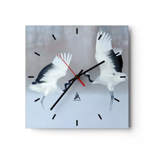 Orologio da parete - Orologio in Vetro - Due gru che danzano in un paesaggio nebbioso - 30x30cm - Danza nella nebbia - Decorazione murale moderna per soggiorno e camera da letto ARTTOR