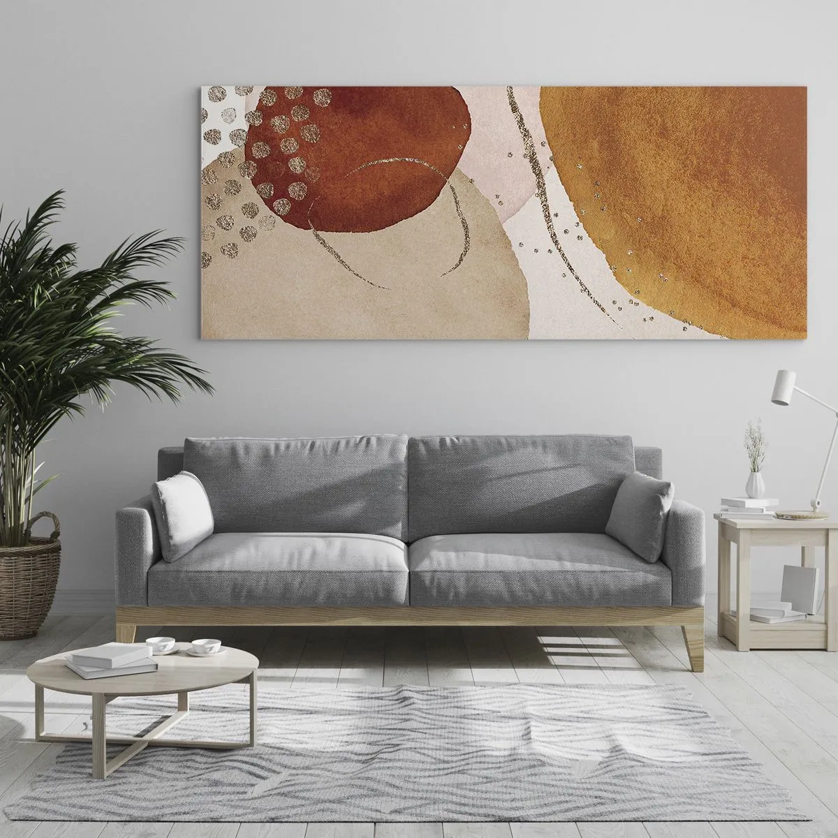 Quadro su vetro - Forme astratte in calde tonalità di marrone e oro - 120x50cm - Rotondità e movimento - Decorazione murale moderna per soggiorno e camera da letto ARTTOR