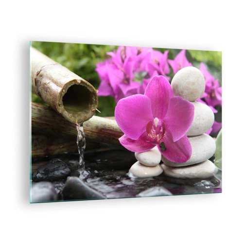 Quadro su vetro - Orchidea viola, pietre e cascata di bambù - 70x50cm - E già ti riposi - Decorazione murale moderna per soggiorno e camera da letto ARTTOR