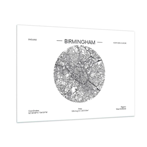Quadro su vetro - Mappa in bianco e nero di Birmingham in uno stile grafico moderno - 100x70cm - Anatomia di Birmingham - Decorazione murale moderna per soggiorno e camera da letto ARTTOR
