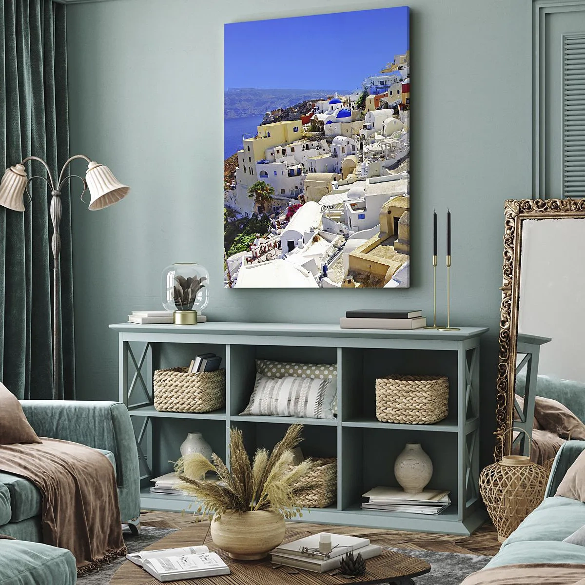 Quadro su tela - Stampe su Tela - Panorama di Santorini con case bianche e cielo azzurro - 50x70cm - Sogno di un'estate greca - Decorazione murale moderna per soggiorno e camera da letto ARTTOR